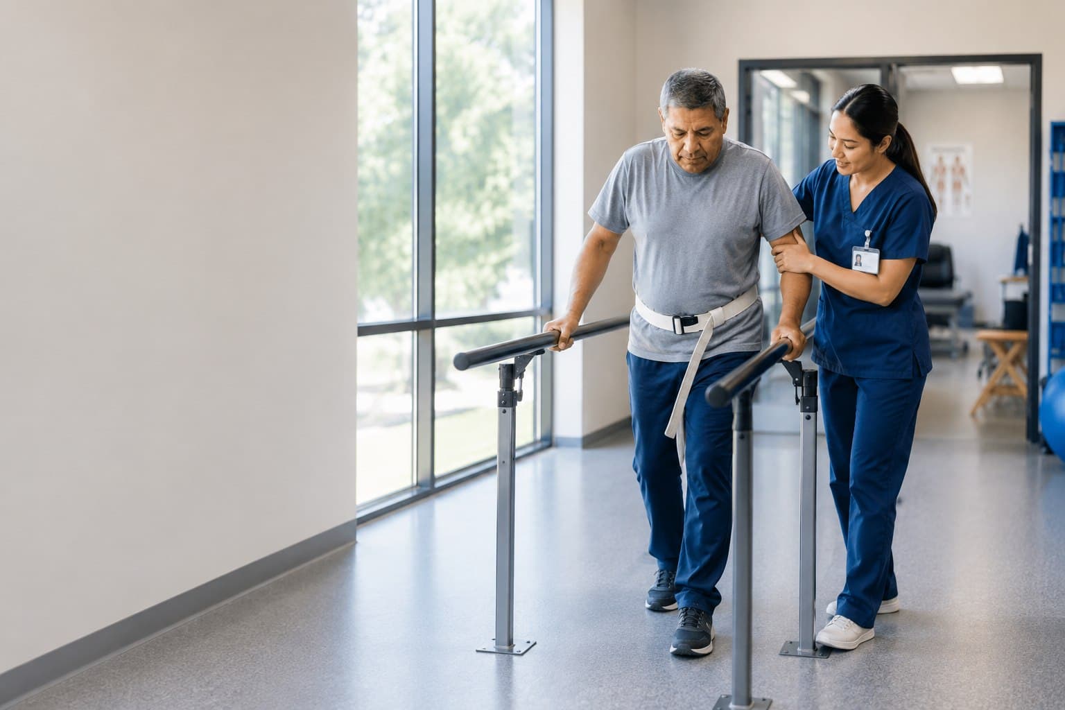 A physical therapist assisting a patient with gait training using parallel bars