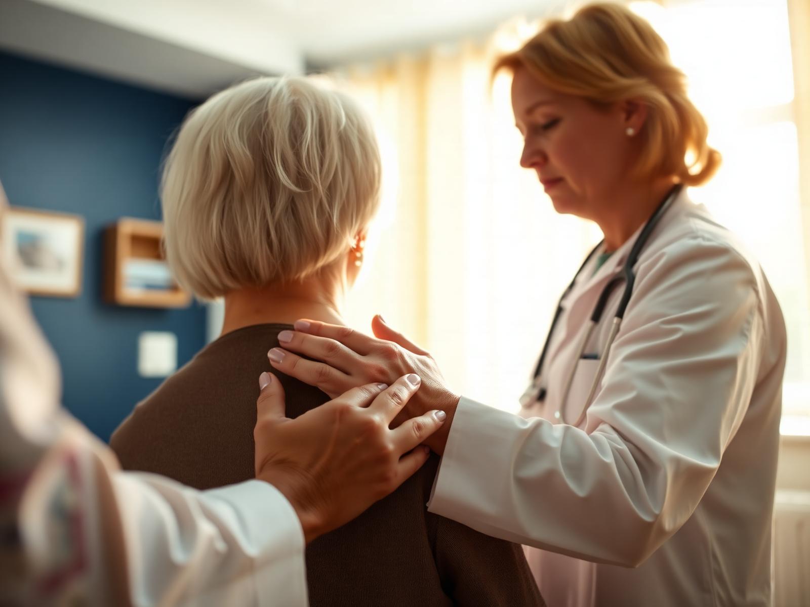 Physiatrist gently examining an elderly patient